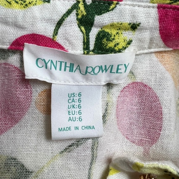 Cynthia Rowley Fruit Print Linen Blend Sleeveless Shirt Dress Belted Size 6 - Picture 9 of 13